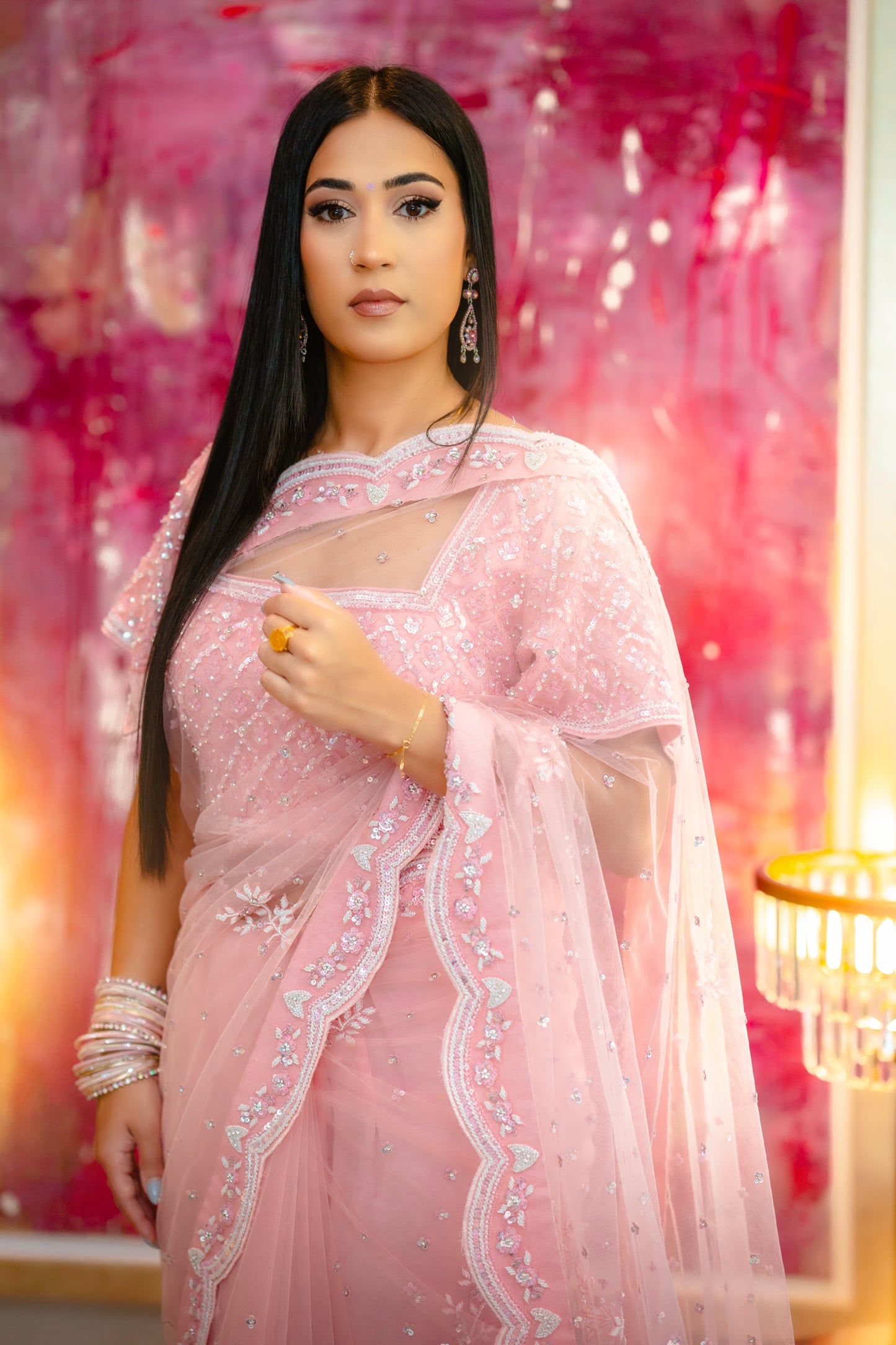 Saree recortado em rede rosa NS