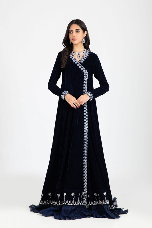 Navy blue velvet angarkha