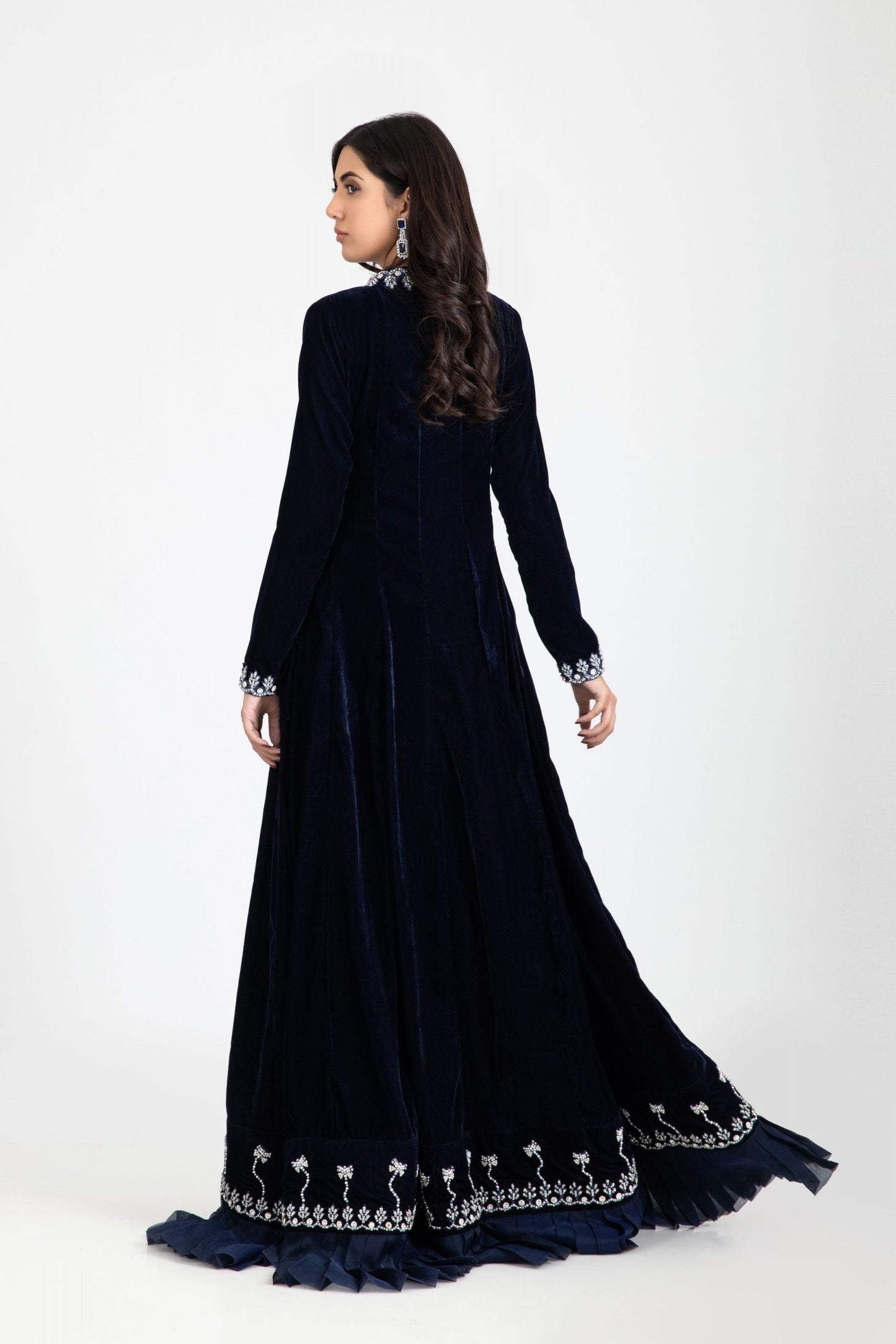 Navy blue velvet angarkha