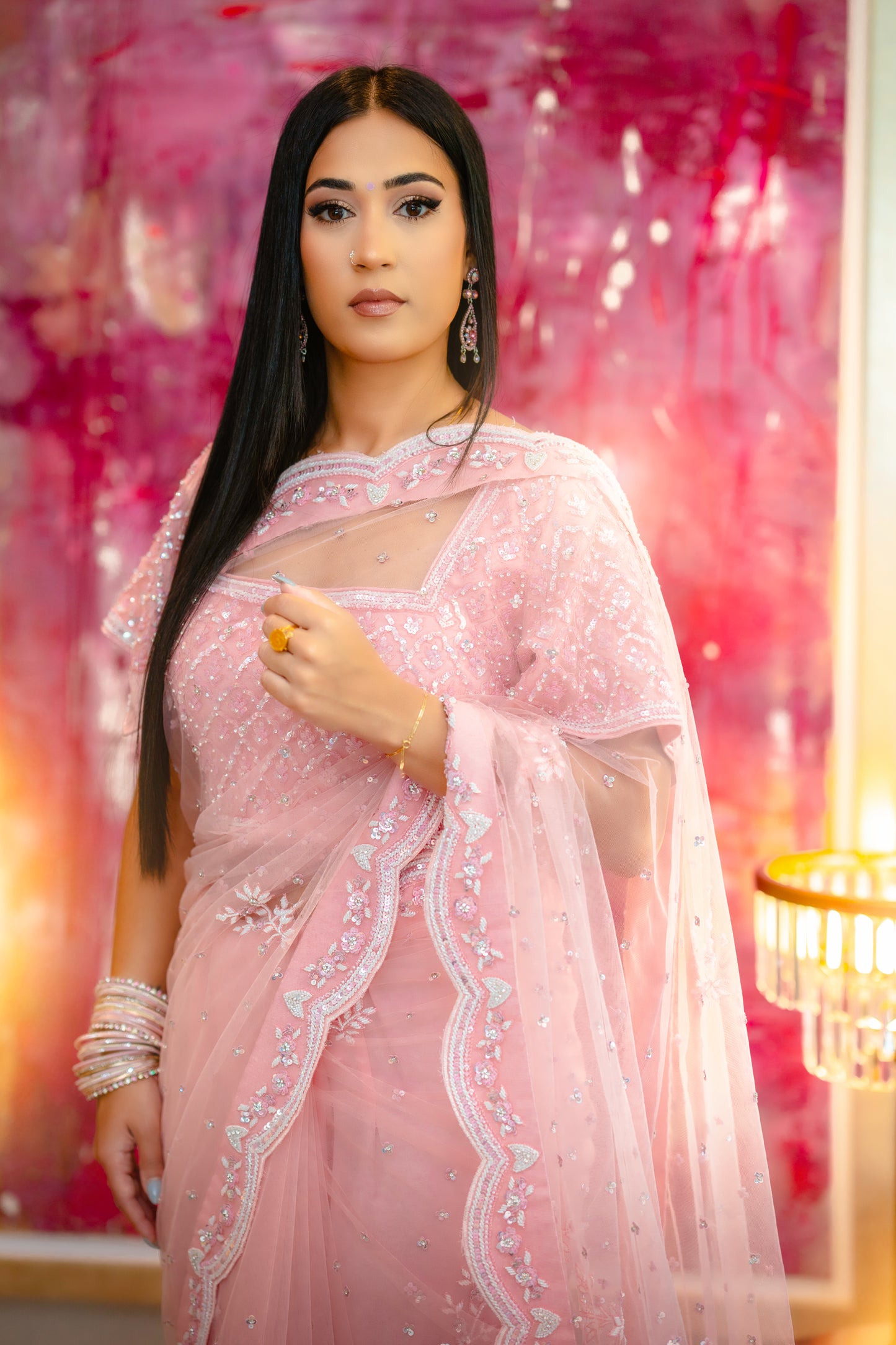 Pink net scalloped saree with semi-stitched blouse