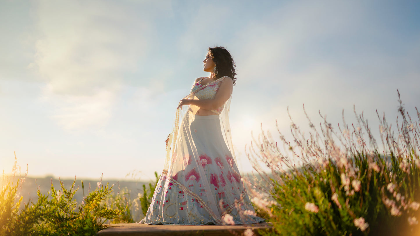 Flor azul menta lehenga PDP