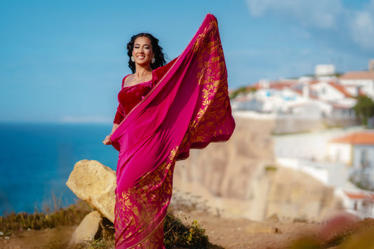 Pink foil saree with velvet blouse