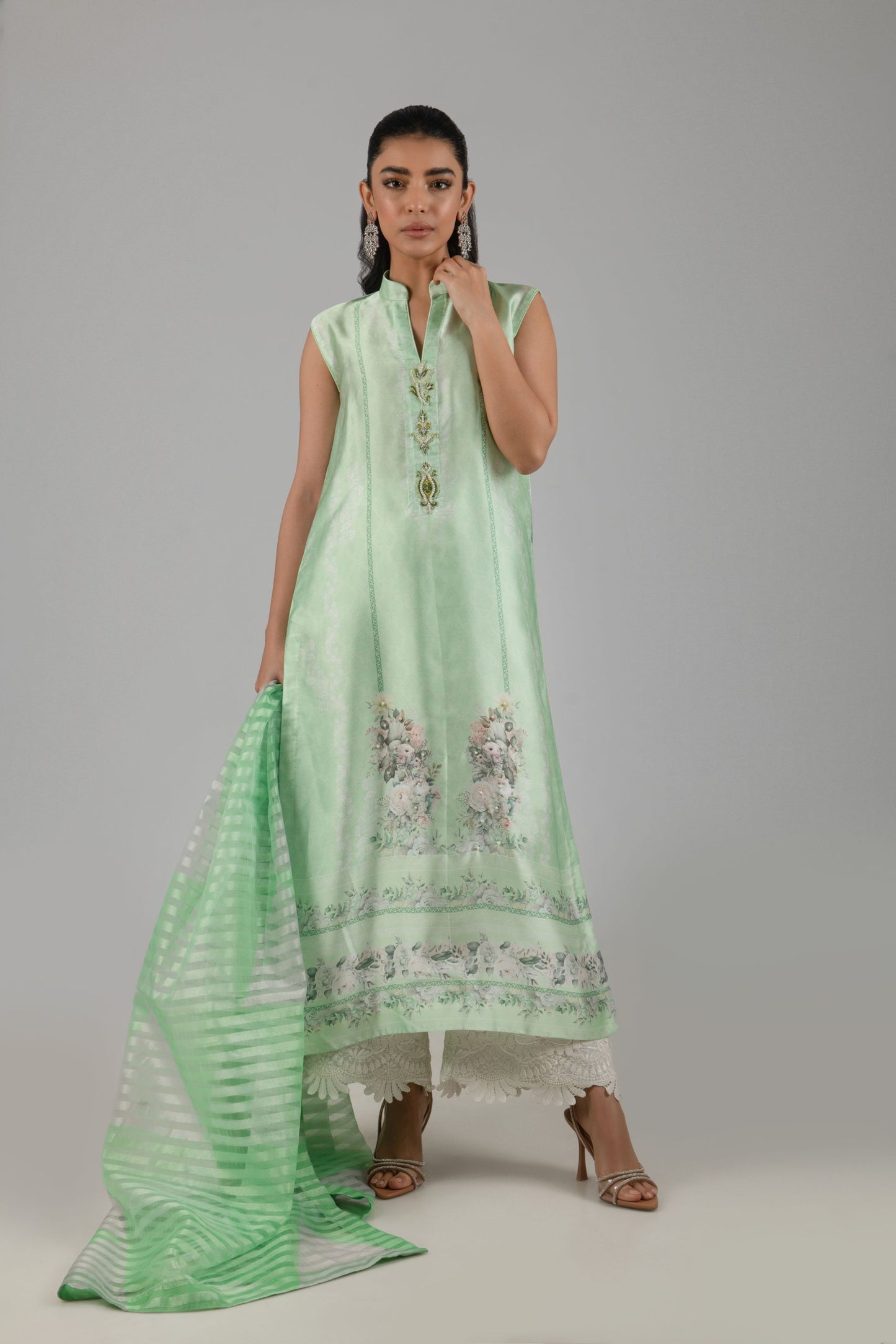 Apple green satin suit with culottes and dupatta