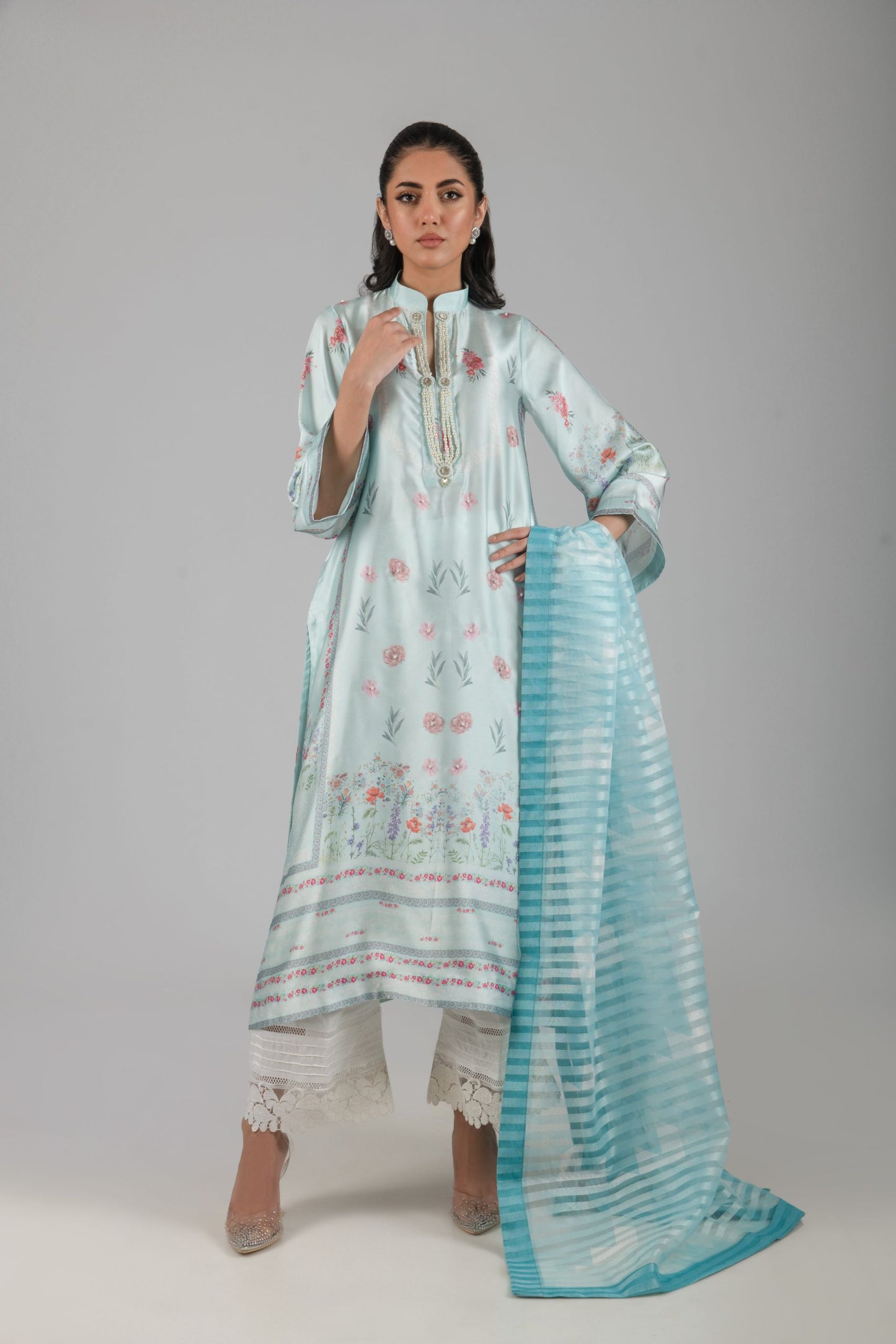 Powder Blue Satin Suit with Culottes and Dupatta