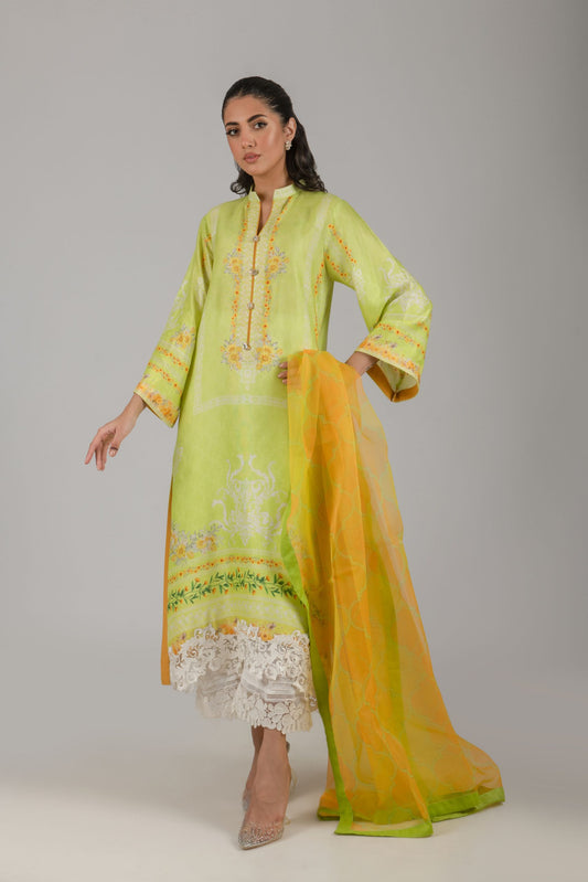 Lime yellow suit with culottes and dupatta