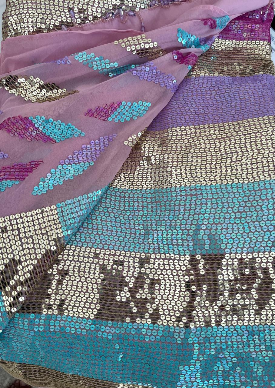 Saree listrado pastel de lantejoulas MM